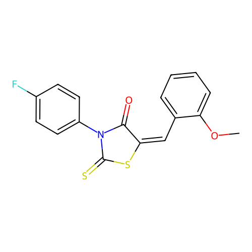 (E)-3-(4-fluorophenyl)-5-(2-methoxybenzylidene)-2-thioxothiazolidin-4-one structure