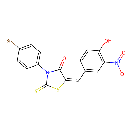 (5E)-3-(4-bromophenyl)-5-(4-hydroxy-3-nitrobenzylidene)-2-thioxo-1,3-thiazolidin-4-one structure