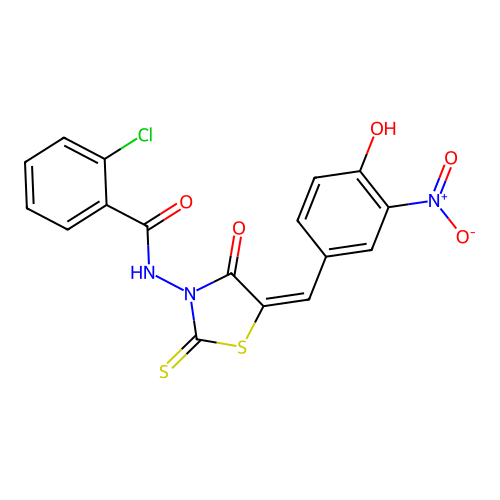 2-chloro-N-[(5E)-5-(4-hydroxy-3-nitrobenzylidene)-4-oxo-2-thioxo-1,3-thiazolidin-3-yl]benzamide structure