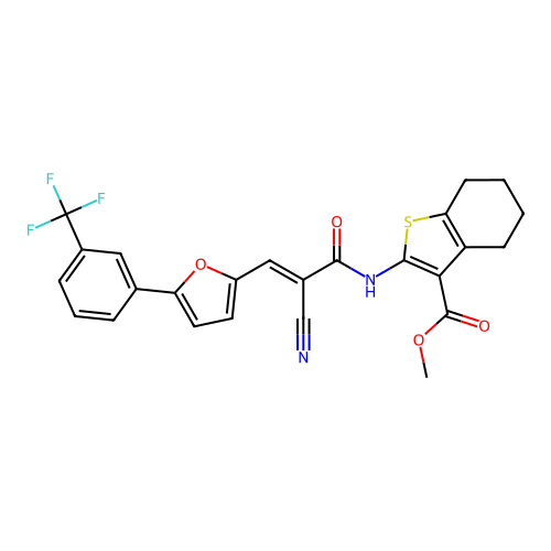 (E)-methyl 2-(2-cyano-3-(5-(3-(trifluoromethyl)phenyl)furan-2-yl)acrylamido)-4,5,6,7-tetrahydrobenzo[b]thiophene-3-carboxylate structure