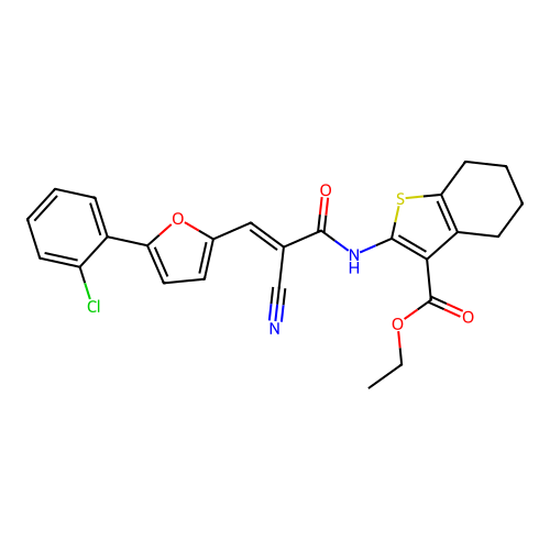 (E)-ethyl 2-(3-(5-(2-chlorophenyl)furan-2-yl)-2-cyanoacrylamido)-4,5,6,7-tetrahydrobenzo[b]thiophene-3-carboxylate structure