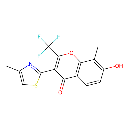 7-hydroxy-8-methyl-3-(4-methyl-1,3-thiazol-2-yl)-2-(trifluoromethyl)-4H-chromen-4-one structure