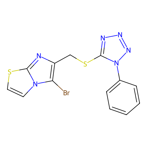 5-bromo-6-(((1-phenyl-1H-tetrazol-5-yl)thio)methyl)imidazo[2,1-b]thiazole structure