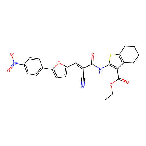 (E)-ethyl 2-(2-cyano-3-(5-(4-nitrophenyl)furan-2-yl)acrylamido)-4,5,6,7-tetrahydrobenzo[b]thiophene-3-carboxylate structure