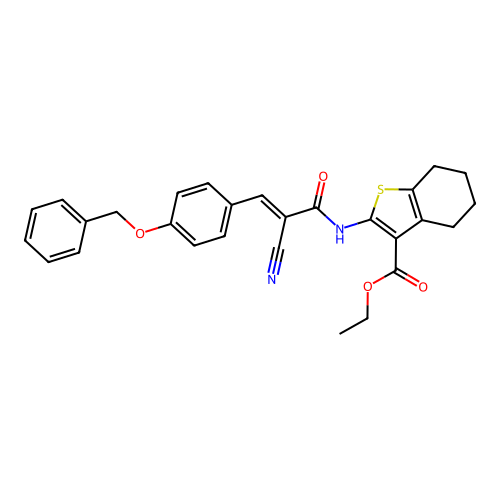 (E)-ethyl 2-(3-(4-(benzyloxy)phenyl)-2-cyanoacrylamido)-4,5,6,7-tetrahydrobenzo[b]thiophene-3-carboxylate structure