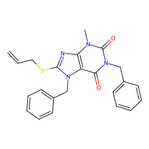 1,7-Bisbenzyl-3-methyl-8-prop-2-enylthio-1,3,7-trihydropurine-2,6-dione structure