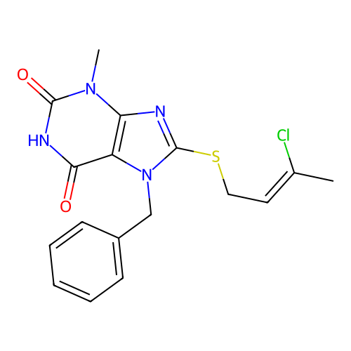 7-Benzyl-8-(3-chloro-but-2-enylsulfanyl)-3-methyl-3,7-dihydro-purine-2,6-dione structure