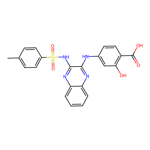 2-hydroxy-4-((3-(4-methylphenylsulfonamido)quinoxalin-2-yl)amino)benzoic acid structure