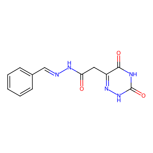 N-[(E)-benzylideneamino]-2-(3,5-dioxo-2H-1,2,4-triazin-6-yl)acetamide structure