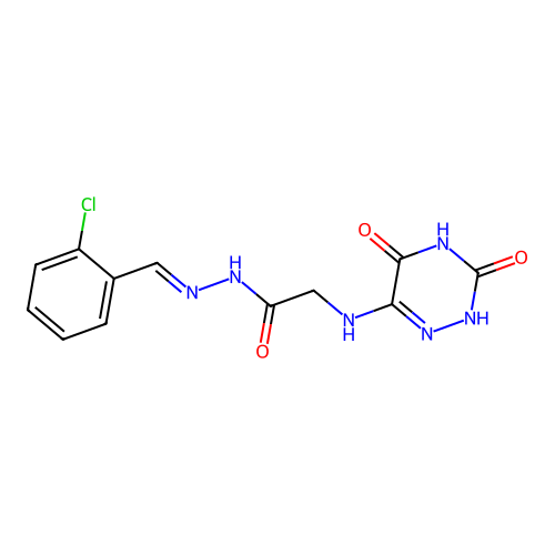 N-[(E)-(2-chlorophenyl)methylideneamino]-2-[(3,5-dioxo-2H-1,2,4-triazin-6-yl)amino]acetamide structure