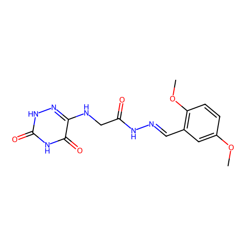 N'-[(E)-(2,5-dimethoxyphenyl)methylidene]-2-[(3,5-dioxo-2,3,4,5-tetrahydro-1,2,4-triazin-6-yl)amino]acetohydrazide (non-preferred name) structure