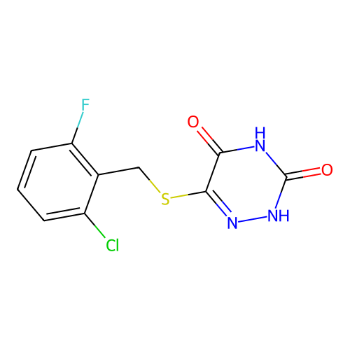 6-((2-chloro-6-fluorobenzyl)thio)-1,2,4-triazine-3,5(2H,4H)-dione structure