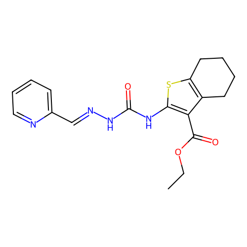 (E)-ethyl 2-(2-(pyridin-2-ylmethylene)hydrazinecarboxamido)-4,5,6,7-tetrahydrobenzo[b]thiophene-3-carboxylate structure