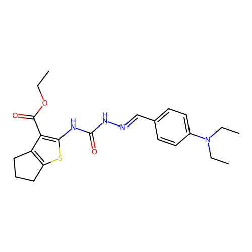 (E)-ethyl 2-(2-(4-(diethylamino)benzylidene)hydrazinecarboxamido)-5,6-dihydro-4H-cyclopenta[b]thiophene-3-carboxylate structure