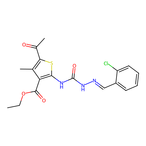 (E)-ethyl 5-acetyl-2-(2-(2-chlorobenzylidene)hydrazinecarboxamido)-4-methylthiophene-3-carboxylate structure
