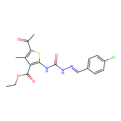 (E)-ethyl 5-acetyl-2-(2-(4-chlorobenzylidene)hydrazinecarboxamido)-4-methylthiophene-3-carboxylate structure