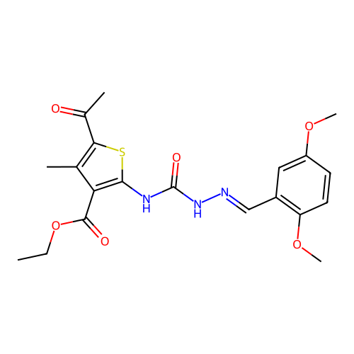 (E)-ethyl 5-acetyl-2-(2-(2,5-dimethoxybenzylidene)hydrazinecarboxamido)-4-methylthiophene-3-carboxylate structure