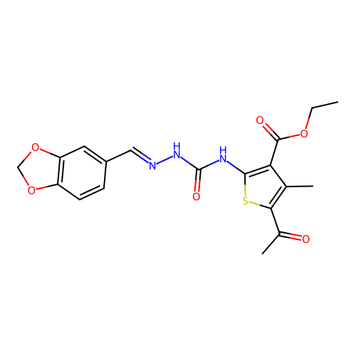 (E)-ethyl 5-acetyl-2-(2-(benzo[d][1,3]dioxol-5-ylmethylene)hydrazinecarboxamido)-4-methylthiophene-3-carboxylate structure