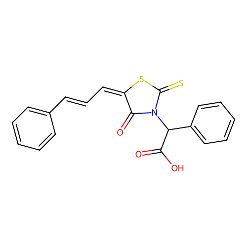 2-[(5E)-4-oxo-5-[(2Z)-3-phenylprop-2-en-1-ylidene]-2-sulfanylidene-1,3-thiazolidin-3-yl]-2-phenylacetic acid structure