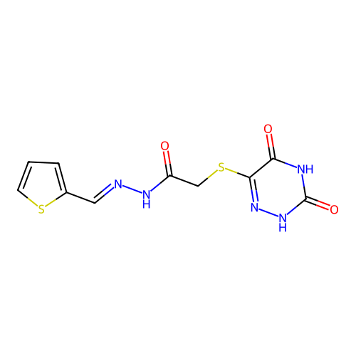 (E)-2-((3,5-dioxo-2,3,4,5-tetrahydro-1,2,4-triazin-6-yl)thio)-N'-(thiophen-2-ylmethylene)acetohydrazide structure