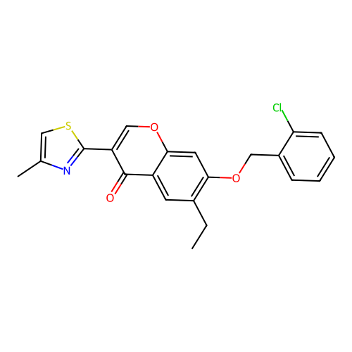 7-[(2-chlorobenzyl)oxy]-6-ethyl-3-(4-methyl-1,3-thiazol-2-yl)-4H-chromen-4-one structure