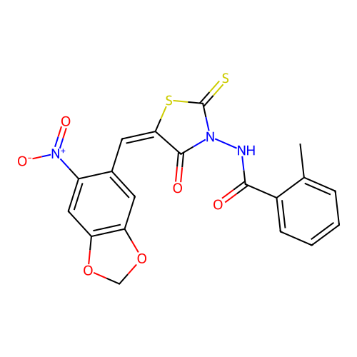 (2-methylphenyl)-N-{5-[(6-nitro(2H-benzo[3,4-d]1,3-dioxolen-5-yl))methylene]-4 -oxo-2-thioxo(1,3-thiazolidin-3-yl)}carboxamide structure