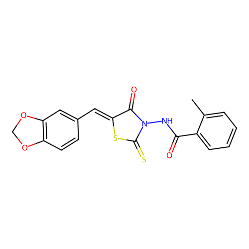 (Z)-N-(5-(benzo[d][1,3]dioxol-5-ylmethylene)-4-oxo-2-thioxothiazolidin-3-yl)-2-methylbenzamide structure
