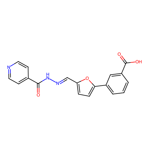 3-[5-[(E)-(pyridine-4-carbonylhydrazinylidene)methyl]furan-2-yl]benzoic acid structure