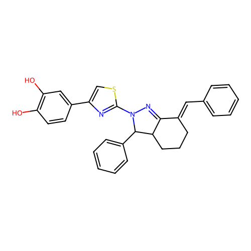 4-{2-[(7E)-7-benzylidene-3-phenyl-3,3a,4,5,6,7-hexahydro-2H-indazol-2-yl]-1,3-thiazol-4-yl}benzene-1,2-diol structure