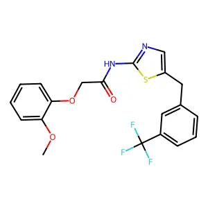 2-(2-methoxyphenoxy)-N-{5-[3-(trifluoromethyl)benzyl]-1,3-thiazol-2-yl}acetamide structure