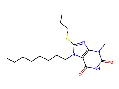 3-methyl-7-octyl-8-(propylsulfanyl)-3,7-dihydro-1H-purine-2,6-dione structure