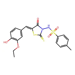 N-[(5Z)-5-(3-ethoxy-4-hydroxybenzylidene)-4-oxo-2-thioxo-1,3-thiazolidin-3-yl]-4-methylbenzenesulfonamide structure