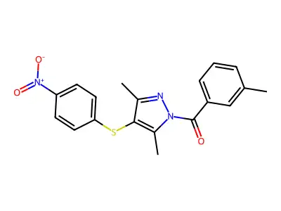 (3,5-dimethyl-4-((4-nitrophenyl)thio)-1H-pyrazol-1-yl)(m-tolyl)methanone structure
