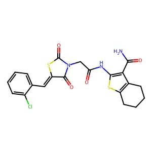 2-({[(5Z)-5-(2-chlorobenzylidene)-2,4-dioxo-1,3-thiazolidin-3-yl]acetyl}amino)-4,5,6,7-tetrahydro-1-benzothiophene-3-carboxamide structure