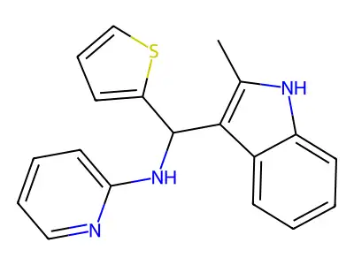 N-((2-methyl-1H-indol-3-yl)(thiophen-2-yl)methyl)pyridin-2-amine structure