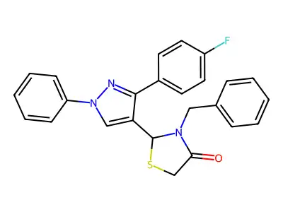 3-Benzyl-2-[3-(4-fluorophenyl)-1-phenylpyrazol-4-yl]-1,3-thiazolidin-4-one structure