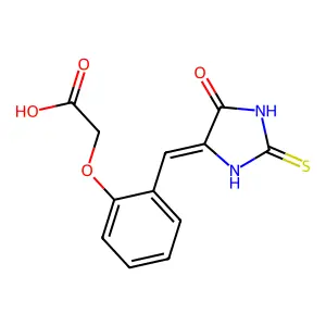 (Z)-2-(2-((5-oxo-2-thioxoimidazolidin-4-ylidene)methyl)phenoxy)acetic acid structure