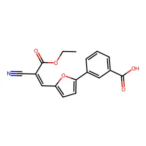 3-{5-[(1E)-2-cyano-3-ethoxy-3-oxoprop-1-en-1-yl]furan-2-yl}benzoic acid structure