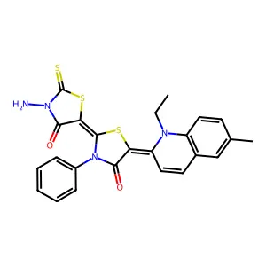(2Z,5E)-2-(3-amino-4-oxo-2-sulfanylidene-1,3-thiazolidin-5-ylidene)-5-(1-ethyl-6-methylquinolin-2-ylidene)-3-phenyl-1,3-thiazolidin-4-one structure