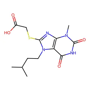 2-[3-Methyl-7-(3-methylbutyl)-2,6-dioxopurin-8-yl]sulfanylacetic acid structure