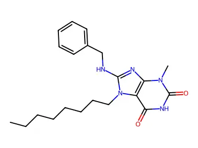8-(benzylamino)-3-methyl-7-octyl-3,7-dihydro-1H-purine-2,6-dione structure