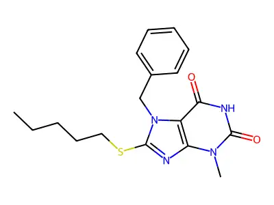 7-benzyl-3-methyl-8-(pentylsulfanyl)-3,7-dihydro-1H-purine-2,6-dione structure