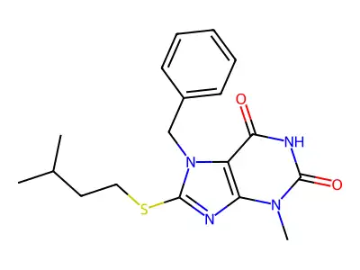 7-benzyl-8-(isopentylthio)-3-methyl-1H-purine-2,6(3H,7H)-dione structure