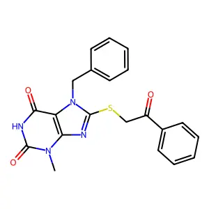 7-benzyl-3-methyl-8-((2-oxo-2-phenylethyl)thio)-1H-purine-2,6(3H,7H)-dione structure