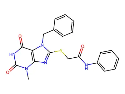 2-(7-benzyl-3-methyl-2,6-dioxopurin-8-yl)sulfanyl-N-phenylacetamide structure