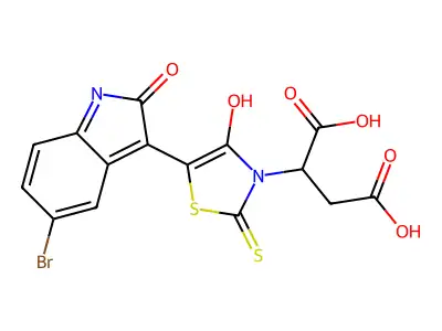 (2S)-2-[(5Z)-5-(5-bromo-2-oxo-1H-indol-3-ylidene)-4-oxo-2-sulfanylidene-1,3-thiazolidin-3-yl]butanedioic acid structure
