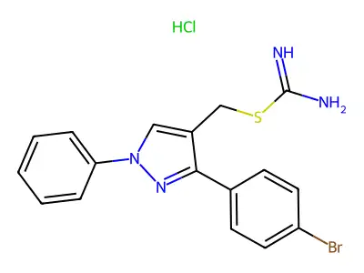 ({[3-(4-bromophenyl)-1-phenyl-1H-pyrazol-4-yl]methyl}sulfanyl)methanimidamide hydrochloride structure
