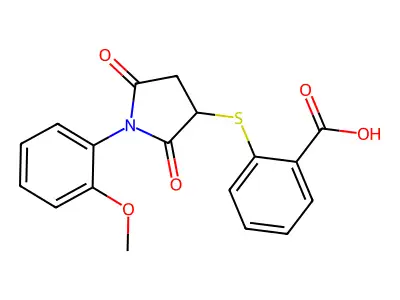 2-{[1-(2-Methoxyphenyl)-2,5-dioxopyrrolidin-3-yl]sulfanyl}benzoic acid structure
