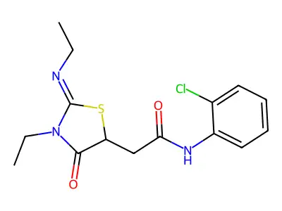(Z)-N-(2-chlorophenyl)-2-(3-ethyl-2-(ethylimino)-4-oxothiazolidin-5-yl)acetamide structure