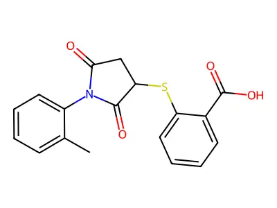 2-{[1-(2-Methylphenyl)-2,5-dioxopyrrolidin-3-yl]sulfanyl}benzoic acid structure